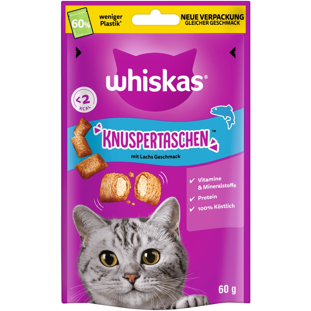 WHISKAS® KNUSPERTASCHEN™ Lachs Geschmack, 60 & 180g - 1