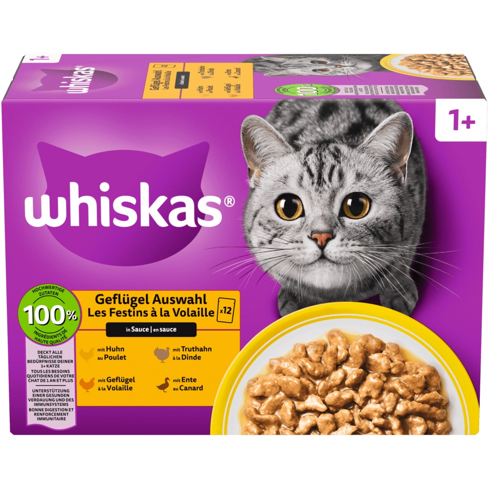 WHISKAS® 1+ Geflügel Auswahl in Sauce, 12 & 24 x 85g - 1