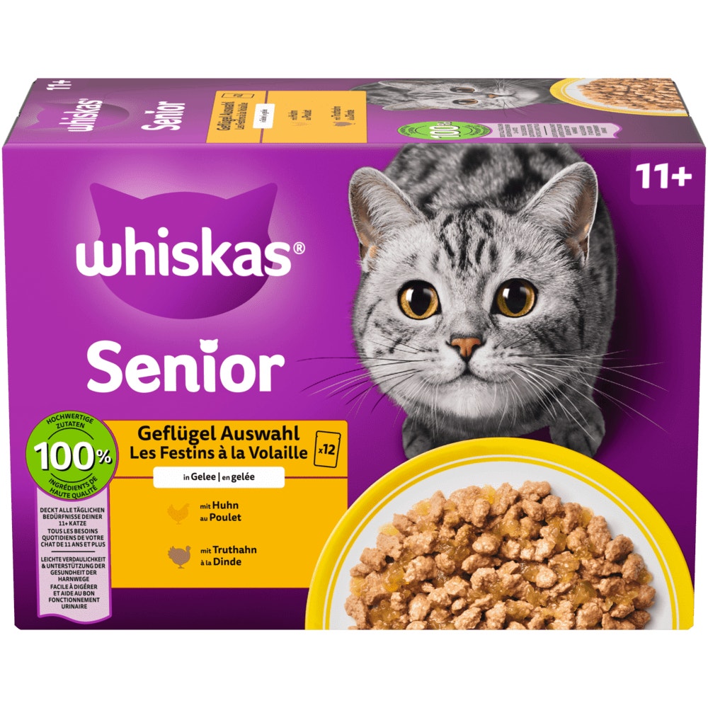 WHISKAS® 11+ Geflügel Auswahl in Gelee, Multipack 12 x 85g - 1