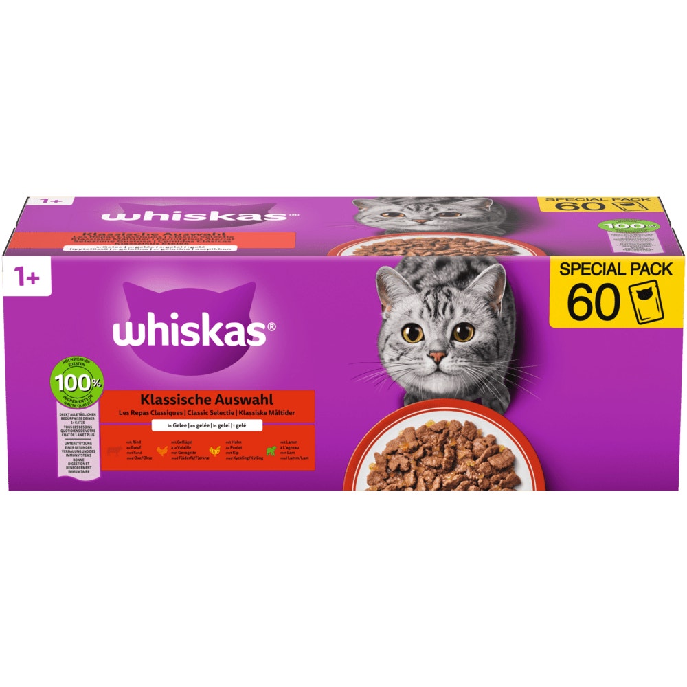 WHISKAS® 1+ Klassische Auswahl in Gelee, Multipack 60 x 85g - 1