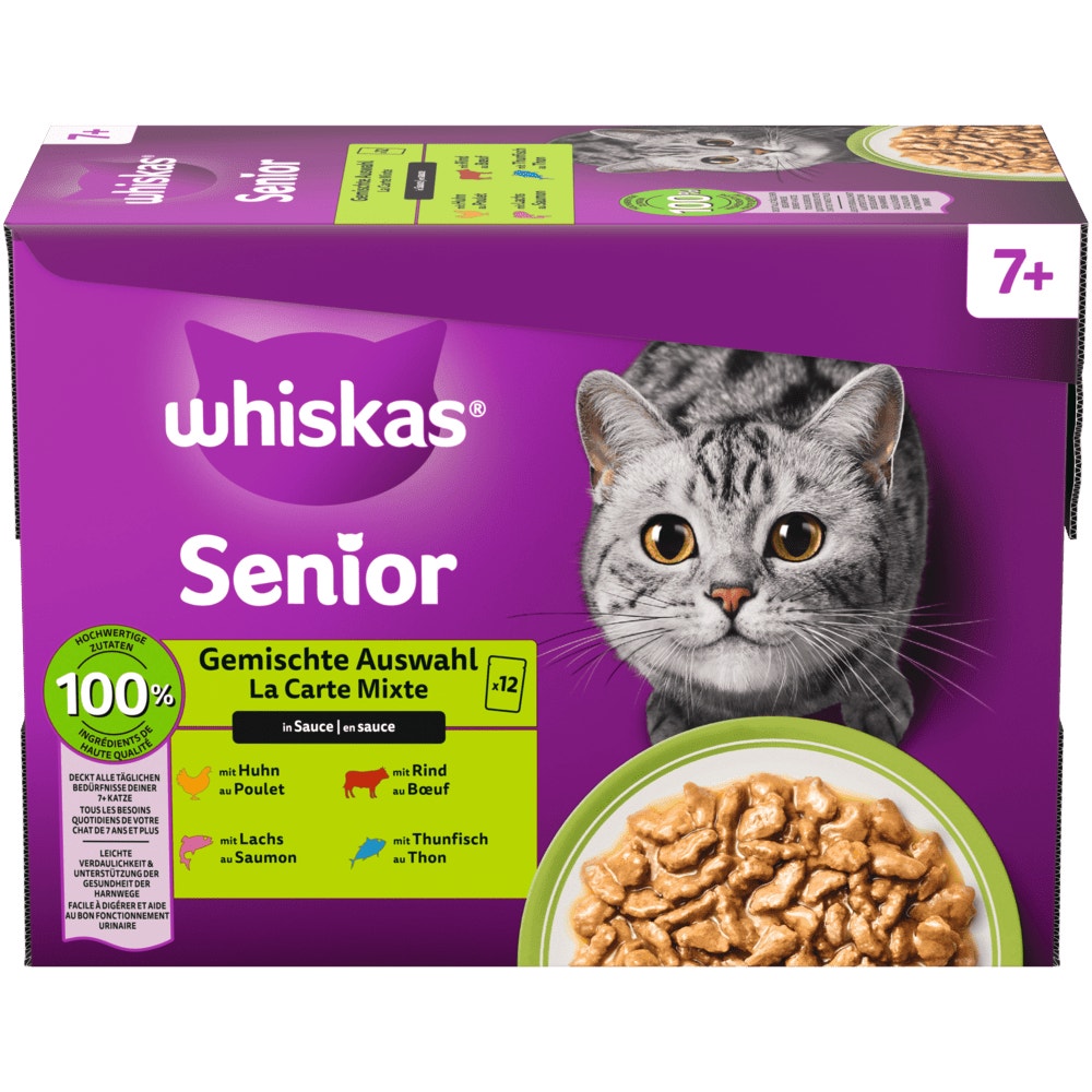 WHISKAS® 7+ Gemischte Auswahl 4 Varietäten in Sauce, Multipack 12 x 85g - 1