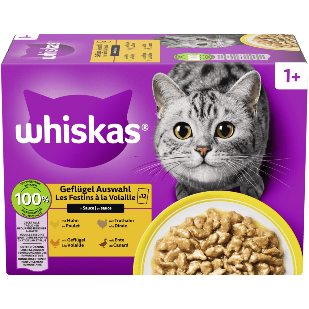 WHISKAS® 1+ Geflügel Auswahl in Sauce, 12 & 24 x 85g - 1