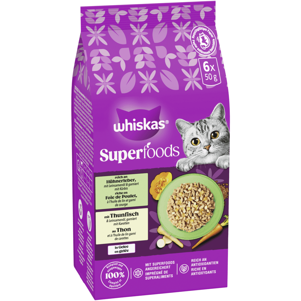 WHISKAS® Superfoods 2 Varietäten Thunfisch & Karotten, Huhn & Leber in Gelee, Multipack 6 x 50g - 1