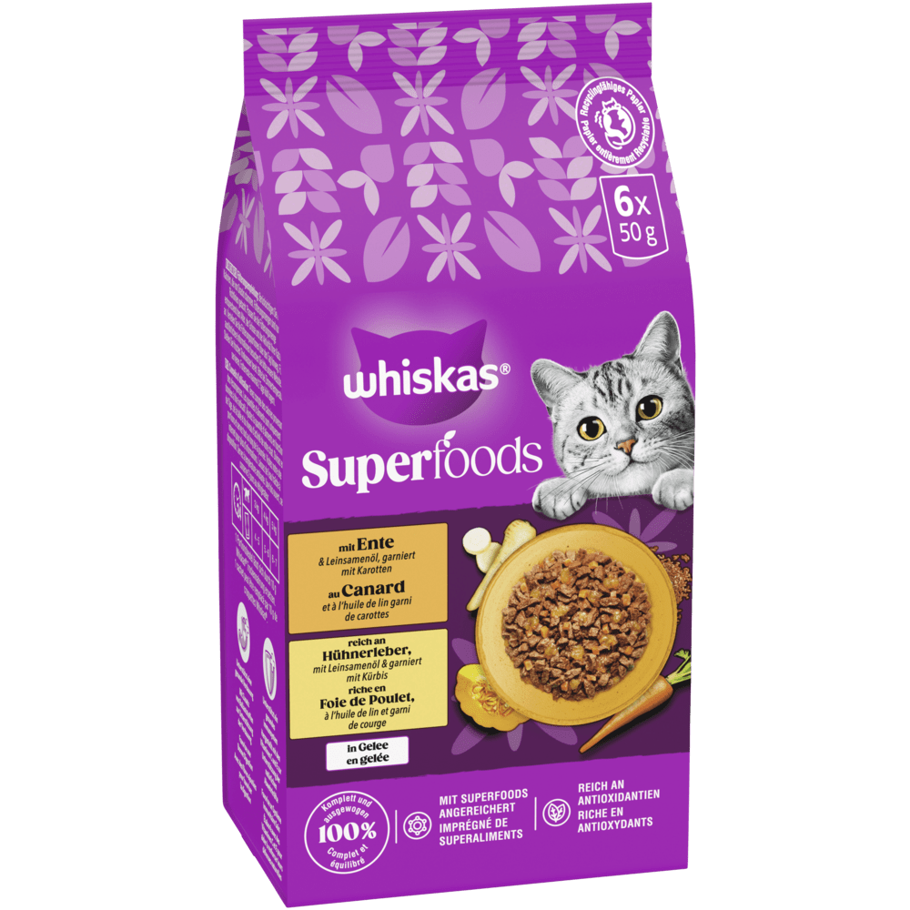 WHISKAS® Superfoods 2 Varietäten Ente & Karotten, Huhn & Leber in Gelee, Multipack 6 x 50g - 1