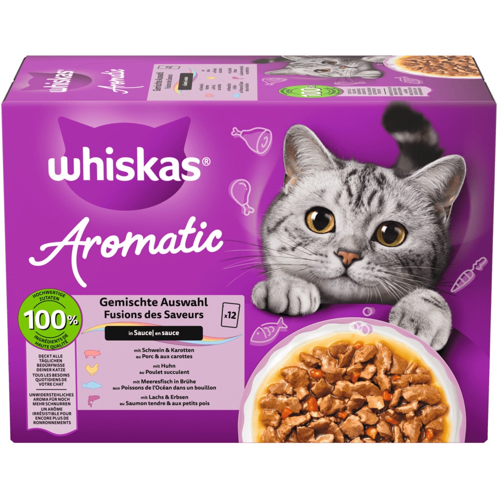 WHISKAS® AROMATIC 1+ Gemischte Auswahl 4 Varietäten Schwein, Huhn, Meeresfisch, Lachs in Sauce, Nassfutter, 12, 24 & 40 x 85g - 1