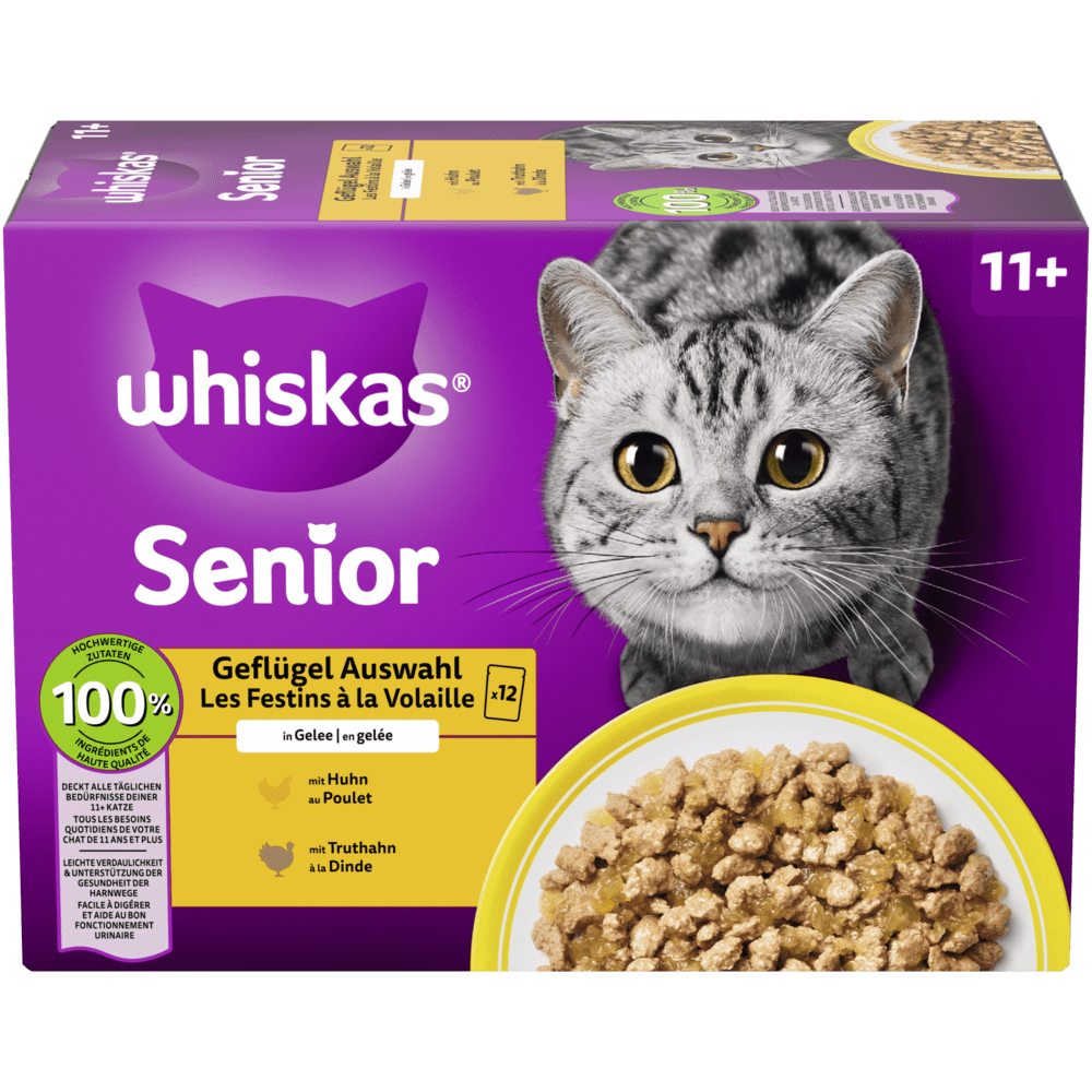 WHISKAS® 11+ Geflügel Auswahl in Gelee, Multipack 12 x 85g - 1