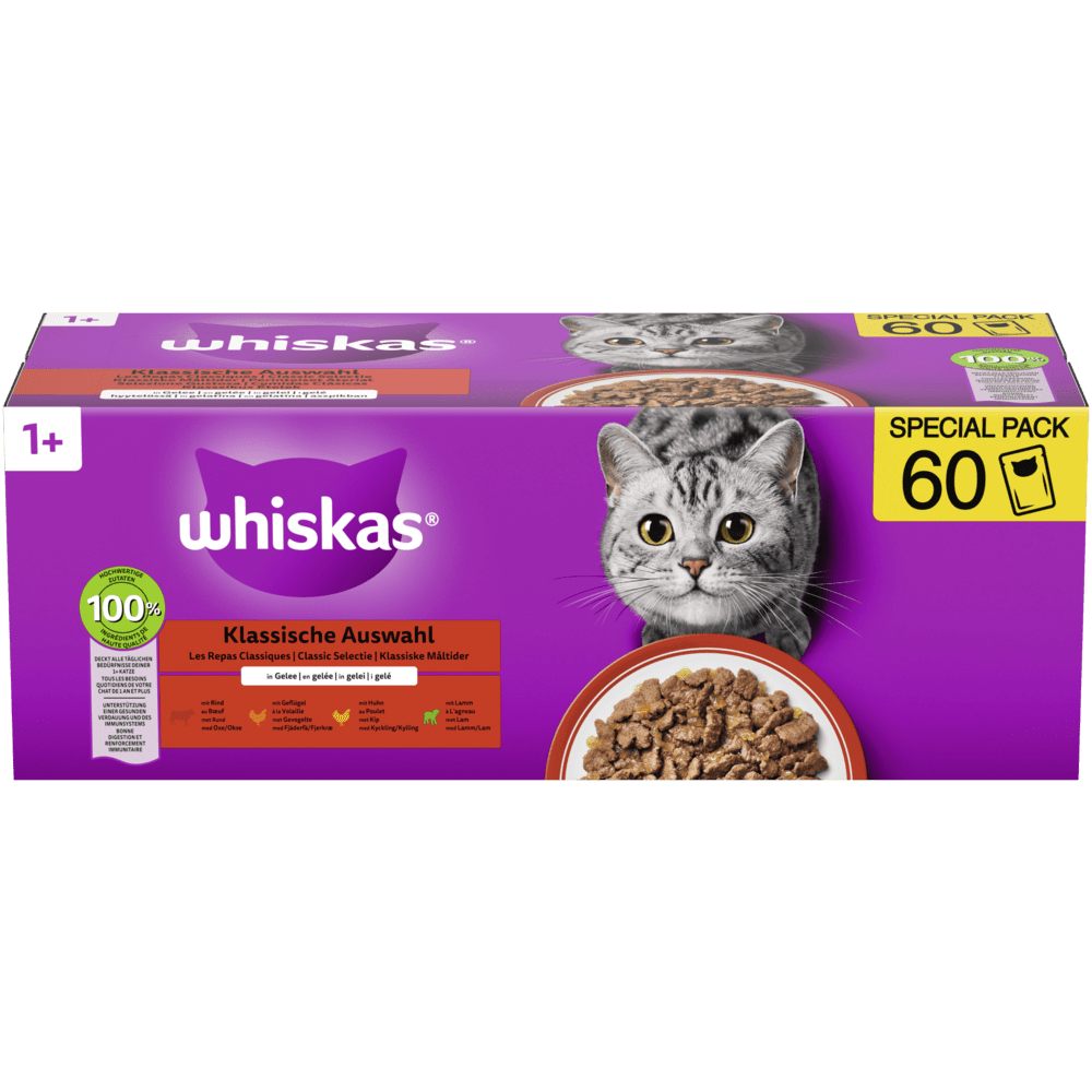 WHISKAS® 1+ Klassische Auswahl in Gelee, Multipack 60 x 85g - 1