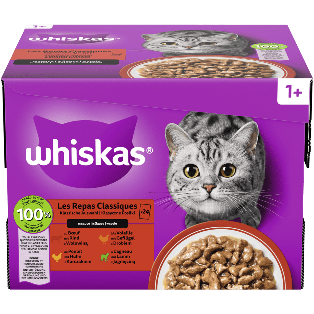 WHISKAS 1+ Klassische Auswahl in Sauce, 12, 24, 40, 48 & 80 x 85g |  Nassfutter