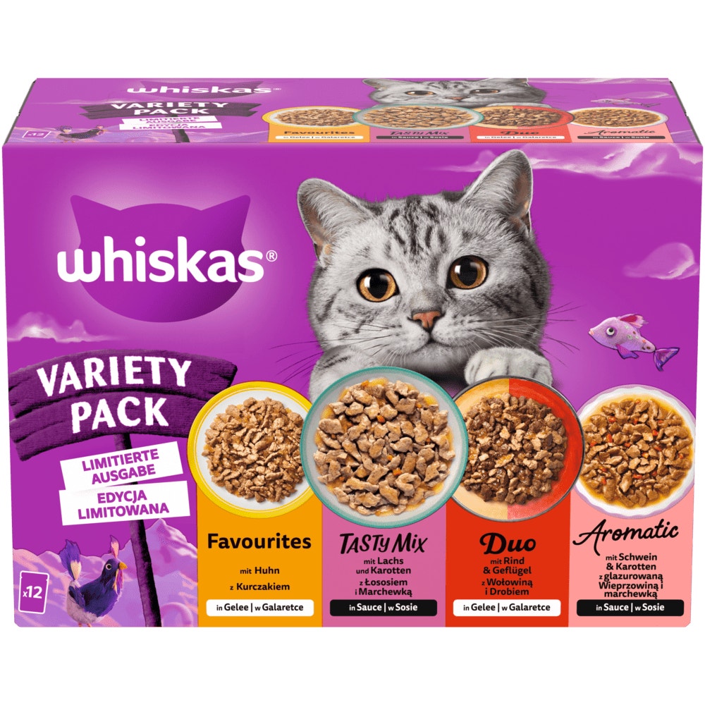 WHISKAS® Variety Pack Gemsichte Auswahl in Sauce/in Gelee, Nassfutter, 12 & 40 x 85g - 1
