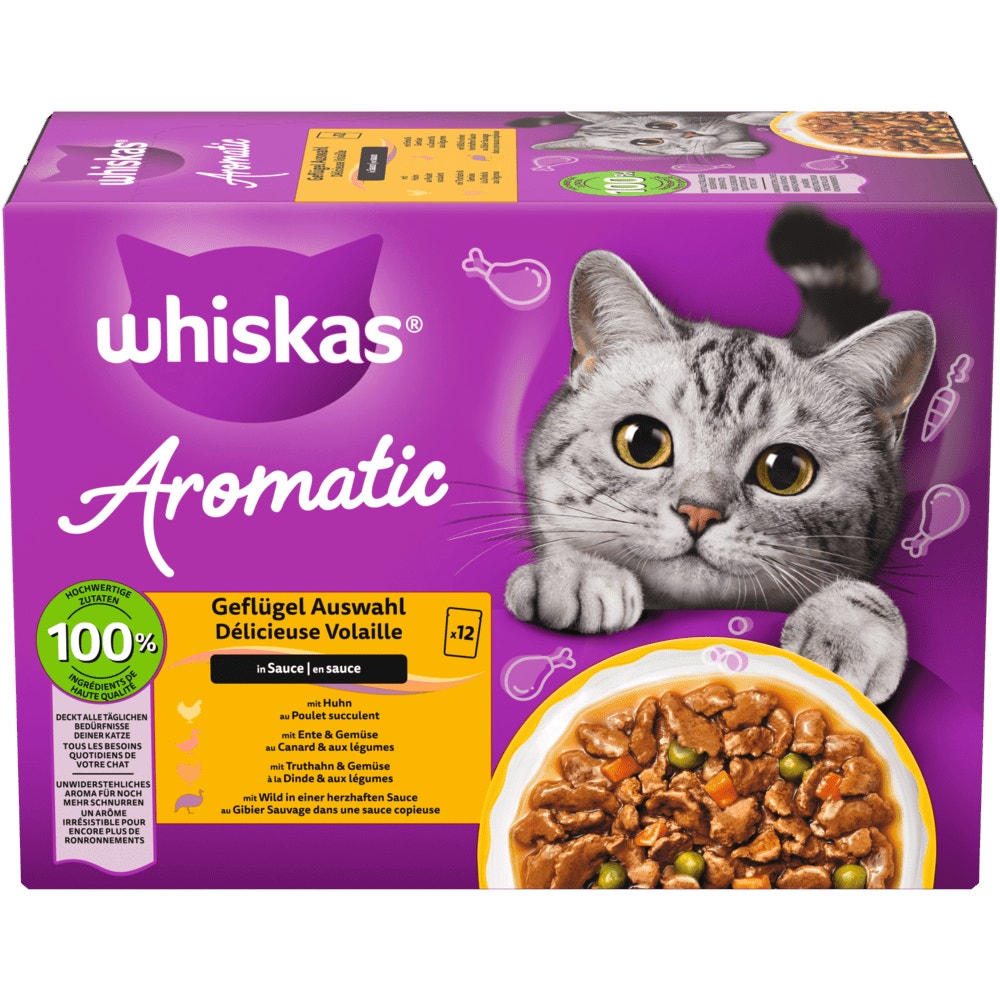 WHISKAS® AROMATIC 1+ Geflügel Auswahl 4 Varietäten in Sauce, Multipack 12 x 85g - 1
