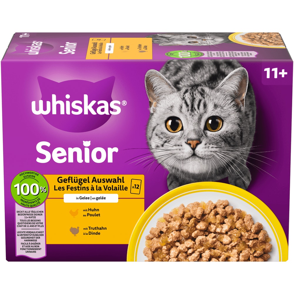 WHISKAS® 11+ Geflügel Auswahl in Gelee, Multipack 12 x 85g - 1