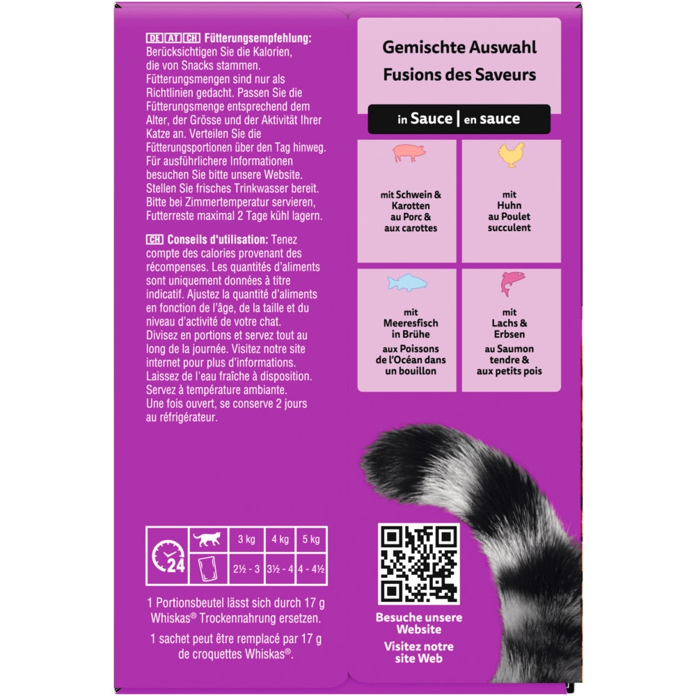 WHISKAS® AROMATIC 1+ Gemischte Auswahl 4 Varietäten Schwein, Huhn, Meeresfisch, Lachs in Sauce, Nassfutter, 12, 24 & 40 x 85g - 3