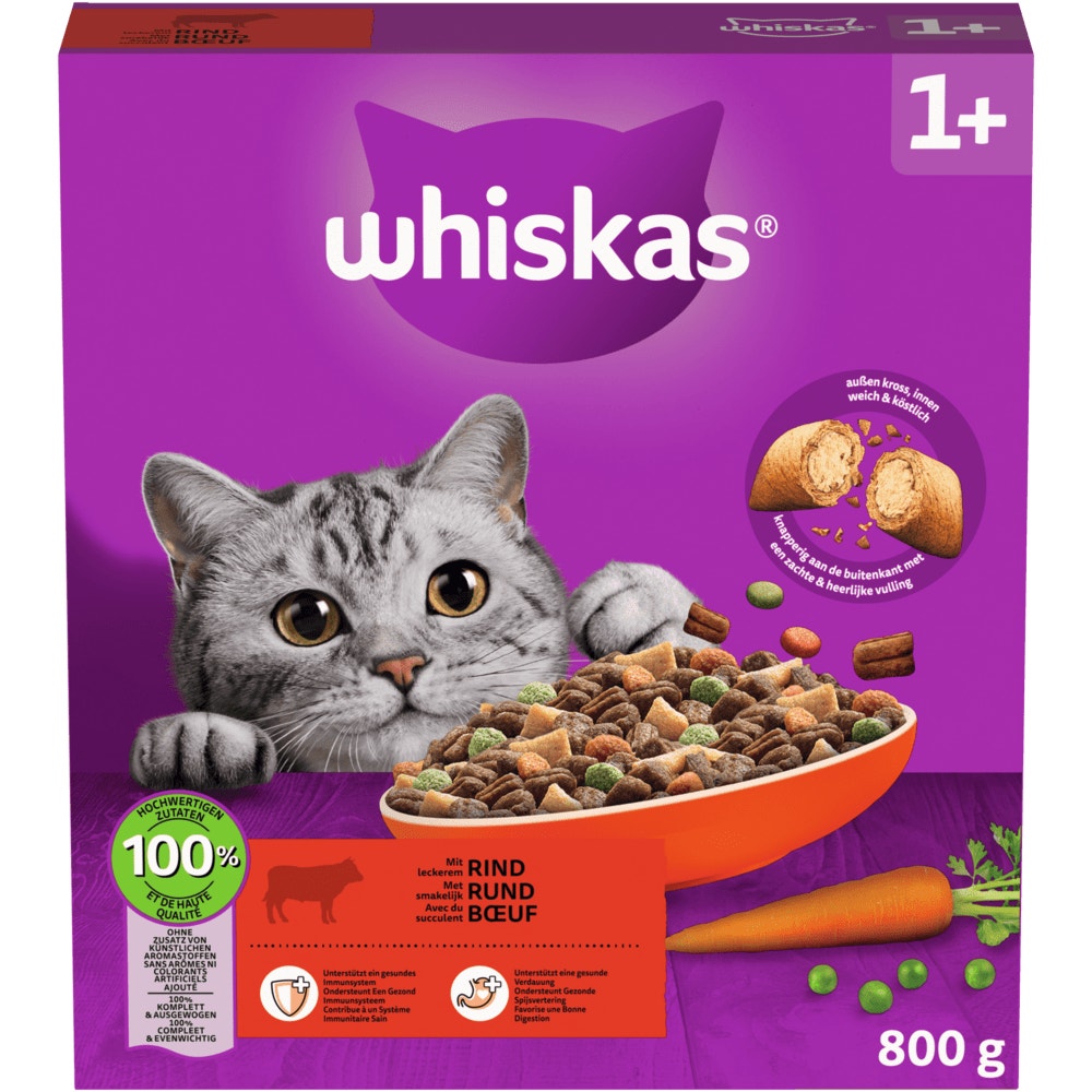 WHISKAS® 1+ Rind, Trockenfutter, 800g & 3,8kg - 1
