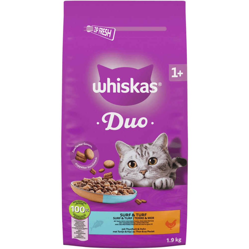 WHISKAS® Duo 1+ Surf & Turf, 800g, 1,9 & 7 kg - 1